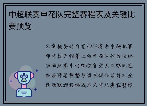 中超联赛申花队完整赛程表及关键比赛预览